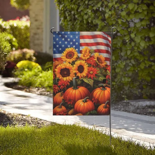 Miniatura 4 de Bandera de Estados Unidos, calabazas y girasoles, bandera de jardín, otoño, vacaciones, bienvenida, patio, granja, exteriores, banderas decorativas