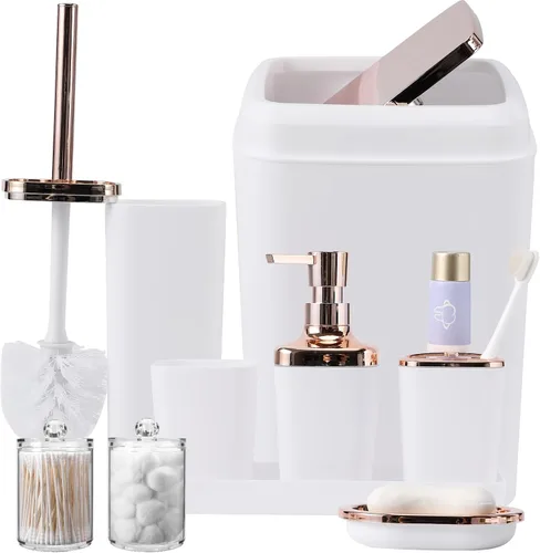 Miniatura 60 de XLHOMO - Juego de baño beige de plástico de 9 piezas, con basurero, dispensador de jabón, portacepillos de dientes, vaso, jabonera, cepillo