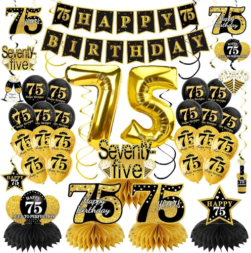 Turypaty Kit de 36 decoraciones de cumpleaños 75 para hombres y mujeres, globos de feliz cumpleaños de 75 años de color negro y dorado con diseño de
