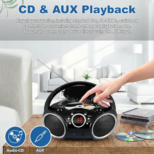 Miniatura 3 de SINGING WOOD 030C Reproductor de CD portátil Boombox AM FM Radio de sintonización analógica, línea auxiliar, conector para auriculares, asa