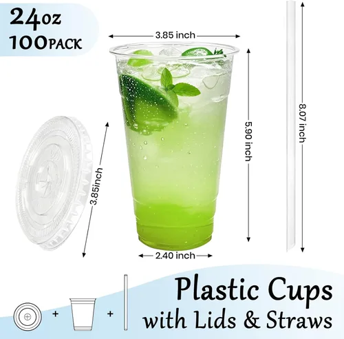 Miniatura 2 de 100 paquete de vasos de plástico transparente con tapas y sorbetes de 24 oz, libres de BPA y a prueba de fugas, vasos desechables compatibles