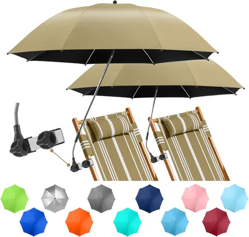 Miniatura 20 de Paquete de 2 paraguas de playa con abrazadera, paraguas ajustable de 360° para silla, paraguas UPF50+ para silla de playa, silla de patio, silla