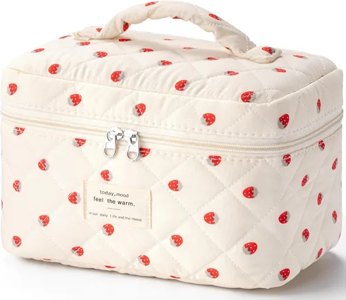 Miniatura 10 de HBselect Bolsa de Maquillaje Acolchada, Bolsa de Maquillaje Grande de Algodón para Viaje, Lindas Bolsas de Maquillaje con Flores Coquette, Bolsas