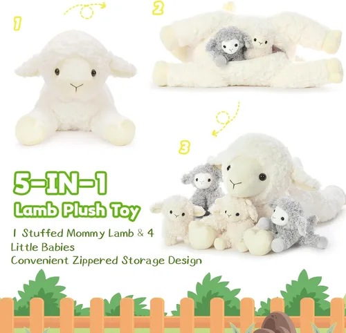 Miniatura 4 de Tezituor Juego de 5 Animales de Peluche de Cordero, Peluche Grande de Oveja Mamá de 20 Pulgadas con 4 Lindos Bebés Cordero, Almohada de Felpa