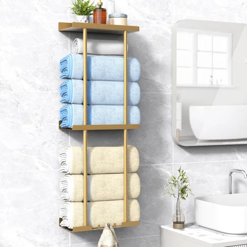 Miniatura 11 de Liuoud Toallero para Baño, Organizador Portador de Almacenamiento de Toallas Enrolladas Vertical Montado en la Pared con Estante, Sostiene Hasta 6