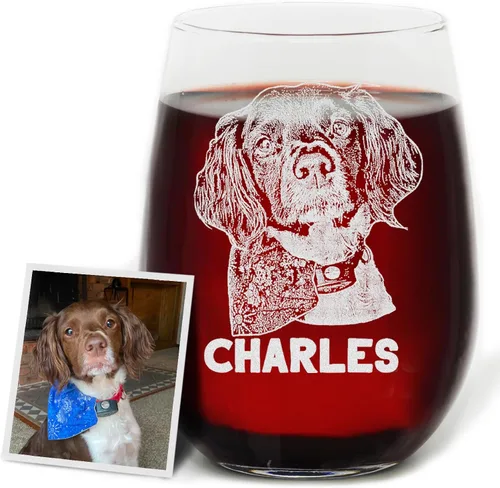 Copa de vino sin tallo con foto de perro grabada personalizada, regalo personalizado para amantes de los perros, recuerdo conmemorativo de mascotas,