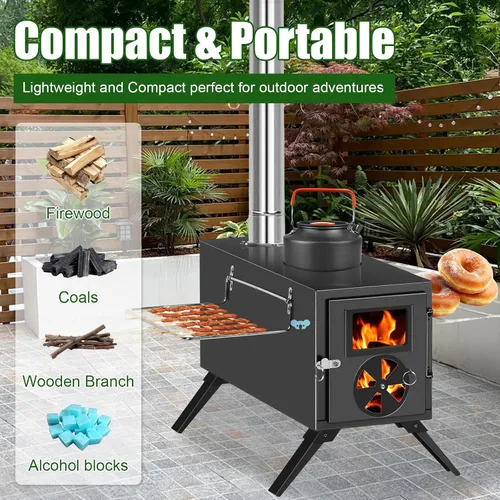 Miniatura 6 de Estufa de leña portátil, estufa plegable para tienda de campaña caliente, estufa de leña con chimenea, sin fugas de humo y fácil de instalar