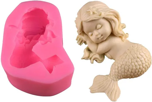 Miniatura 3 de Molde de silicona de sirena OBTANIM para fondant, lindo molde 3D de bebé durmiendo, topper de pastel, decoración DIY, herramienta de horneado