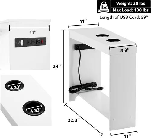 Miniatura 2 de Naomi Home Jade - Mesita de noche moderna con estación de carga, mesa auxiliar con puertos USB y tomas de corriente, mesa auxiliar estrecha