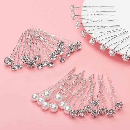 Miniatura 5 de Paquete de 40 horquillas para el pelo de perlas de boda para novia, perlas plateadas con diamantes de imitación, accesorios para decoración