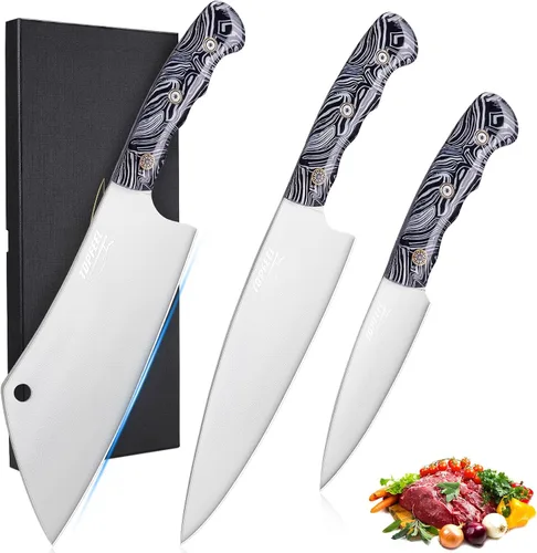 Topfeel Juego de 3 cuchillos de chef profesional, cuchillos de cocina japoneses ultra afilados, acero inoxidable alemán de alto carbono de 8