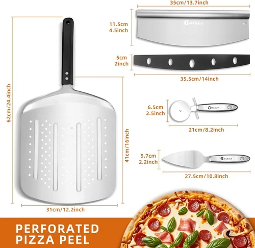 Miniatura 4 de MANJIA Pala perforada de aluminio para pizza de 12 pulgadas, antiadherente, de metal, con cortador basculante (12 x 14 pulgadas), espátula grande
