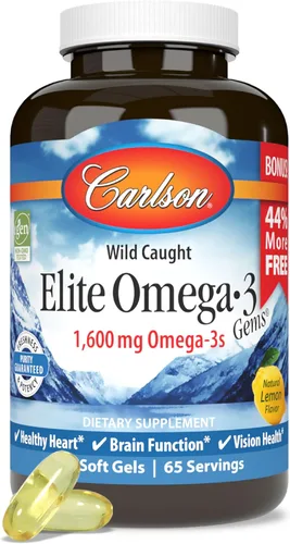 Carlson - Gemas Elite Omega-3, 1600 mg de ácidos grasos omega-3 incluyendo EPA y DHA, suplemento de aceite de pescado noruego, capturado en la