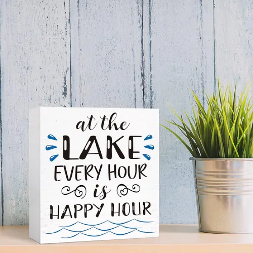 Miniatura 6 de Letrero de madera con texto en inglés "Lake Every Hour is Happy Hour", decoración de escritorio para el hogar, dormitorio, oficina, escritorio