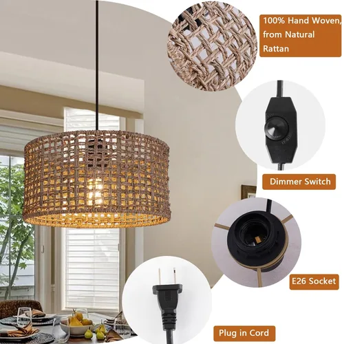 Miniatura 5 de HuisMier Lámpara colgante enchufable con pantalla de ratán tejida a mano, lámpara colgante regulable con cable de enchufe de 15 pies, lámpara