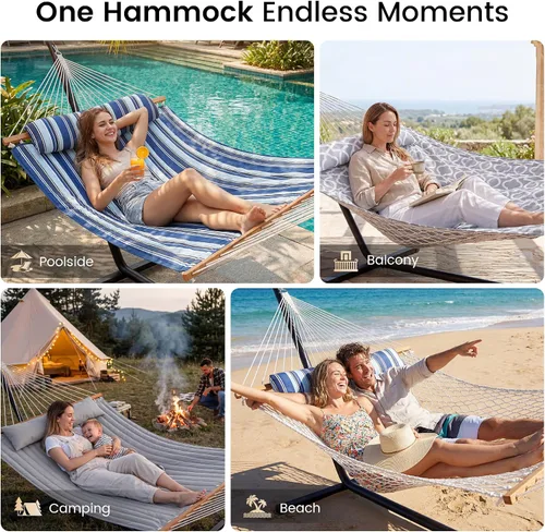 Miniatura 7 de Everyfun - Hamaca para 2 personas al aire libre con soporte, hamaca de cuerda de algodón con almohadilla de poliéster, estructura de acero