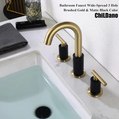 Miniatura 5 de ChiLDano Grifo de baño negro y dorado de 3 agujeros con desagüe emergente (con desbordamiento) y manguera de suministro, grifo de lavabo de baño