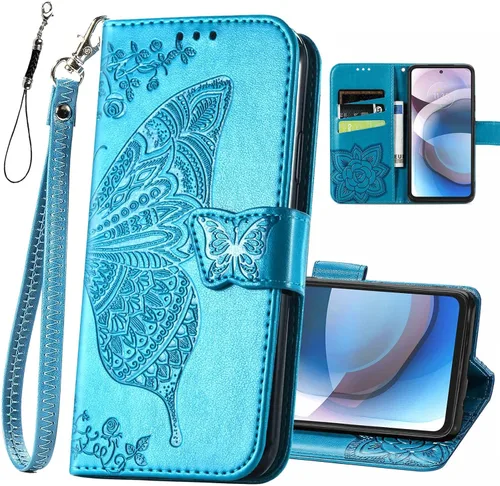 Funda tipo cartera para teléfono Motorola One 5G Ace, de piel sintética con relieve de mariposa, soporte para tarjetas, correa de muñeca, funda