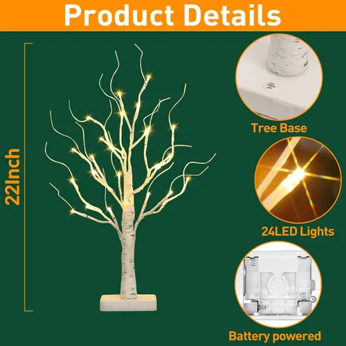 Miniatura 9 de EAMBRITE Árbol de abedul con luces LED para decoración de Navidad en interiores, árbol de mesa iluminado de 22 en 24 LED, ramita blanca, funciona