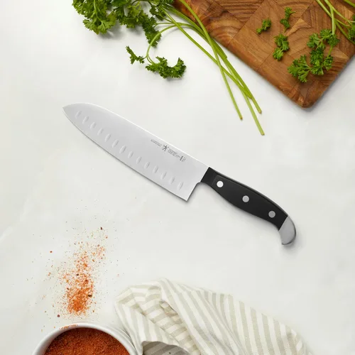 Miniatura 3 de HENCKELS Statement - Cuchillo Santoku de borde hueco afilado de 5 pulgadas, diseño alemán informado por más de 100 años de maestría, negro/acero