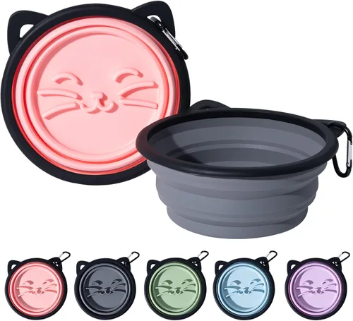 Miniatura 9 de Paquete de 2 cuencos plegables de silicona para perros, con forma de oreja de mascota y cuenco de agua de viaje con gráficos de gato, lleno