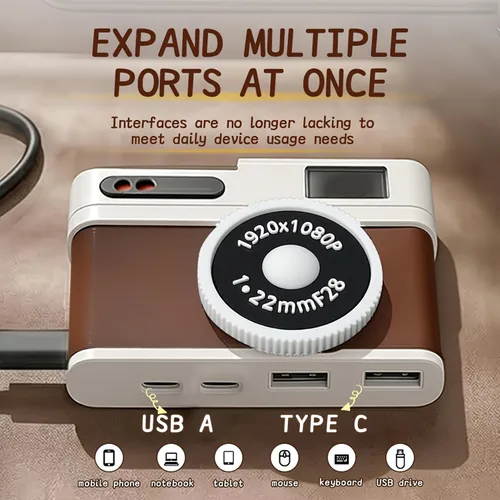 Miniatura 4 de Hub USB C, concentrador USB de 4 puertos con 2 puertos USB-A 2.0 y 2 puertos USB-C, adaptador USB compacto estilo cámara vintage para laptop