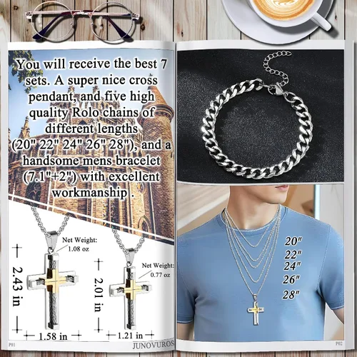 Miniatura 2 de JUNOVUROS Juego de collar de cruz para hombre grande y pequeño con 5 cadenas Rolo y 1 pulsera cubana, regalo de joyería religiosa con cruz
