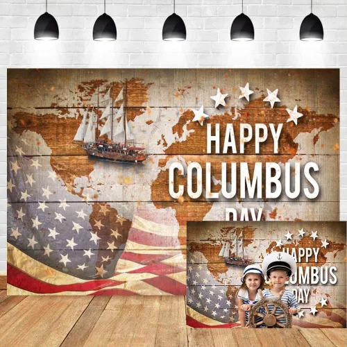 Miniatura 7 de Leyiyi Telón de fondo para fotografía del Día de Colón, 5 x 3 pies, diseño vintage con mapa náutico, bandera de Estados Unidos, grunge, velero
