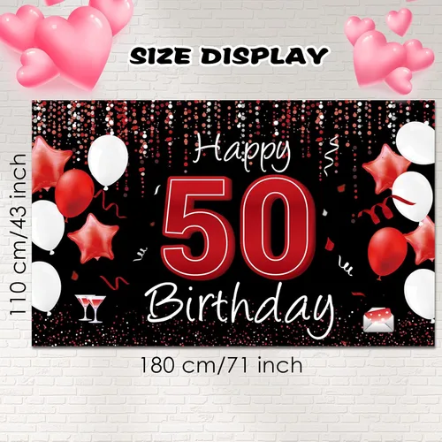 Miniatura 2 de Cartel de feliz cumpleaños 50 para patio, pancarta de cumpleaños número 50 en negro y rojo, decoración para mujeres y hombres, fondo grande de 50