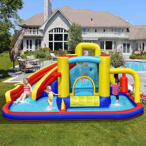 Miniatura 2 de BOUNTECH Tobogán acuático inflable, castillo de salto de parque acuático 6 en 1 para niños con 2 piscinas de salpicaduras, boxeo, toboganes