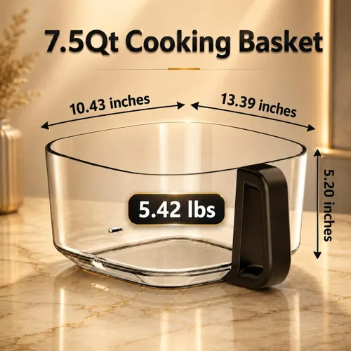 Miniatura 5 de Freidora de Aire de Vidrio BOSWELL, 7.5 Quarts con Cuenco Transparente, Calefacción Circulante, Control de Temperatura, Freidora de Asar al Aire