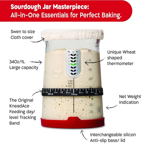 Miniatura 2 de KNEADACE Pro - Kit de inicio de masa madre – Tarro de fermentación de vidrio de gran capacidad de 34 onzas con tapa y rastreador, fermentador básico