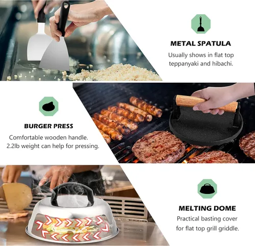 Miniatura 6 de HaSteeL Kit de 18 accesorios para plancha, herramientas Teppanyaki para cocinar a la parrilla de campamento, cúpula de fusión de acero inoxidable