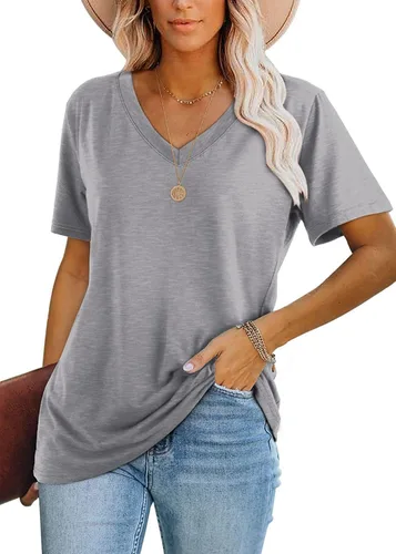 Miniatura 2 de Donnalla Paquete de 2 camisetas básicas de manga corta con cuello en V para mujer, color sólido