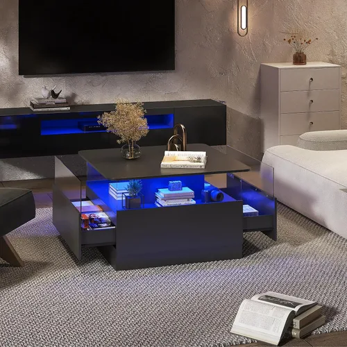 Miniatura 6 de HedoAjim Mesas de centro cuadradas con almacenamiento, mesa de centro moderna para sala de estar, mesas de centro redondas negras y 2 cajones Negro
