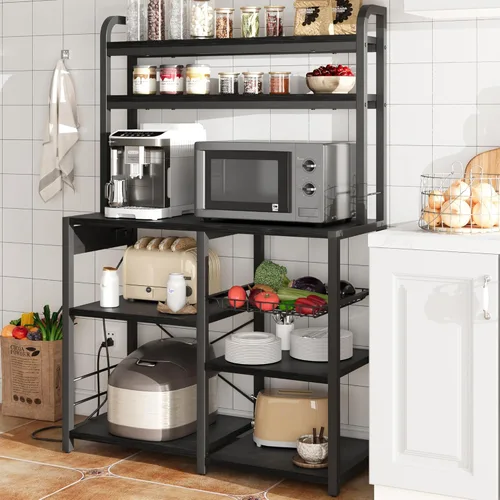 Amyove Estante para panaderos con toma de corriente, barra de café con cajón de alambre, soporte para microondas, mesa de cocina con gran Negro