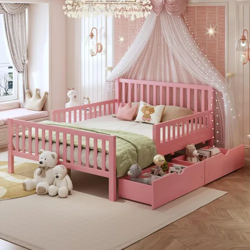 Miniatura 6 de Bellemave Base de cama individual para niños con vallas y 2 cajones, plataforma de madera tamaño individual con barandillas en ambos lados