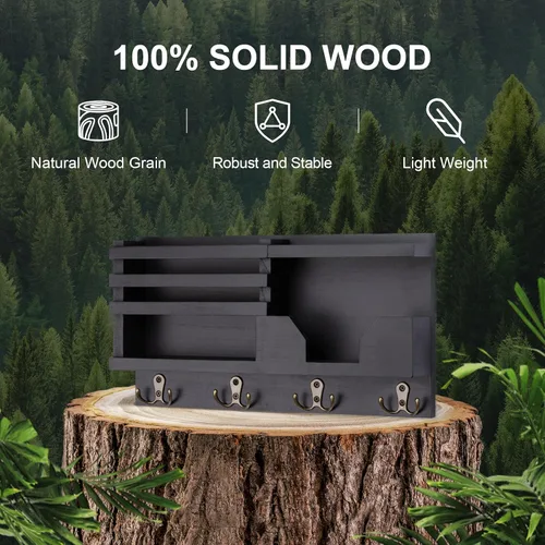 Miniatura 6 de Lwenki Organizador de Correo y Llavero para Pared - Organizador Decorativo de Entrada de 15.9" x 8.7" x 3.2" con Estante - Madera de Paulownia con 4
