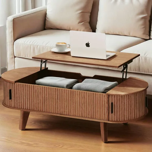 Miniatura 9 de Mesa auxiliar ovalada con almacenamiento, mesa de centro acanalada de 47.2 pulgadas con puerta corrediza de tambor de 180°, mesa central moderna