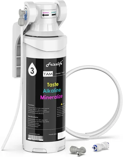 Frizzlife TAM3 Filtro de agua en línea debajo del fregadero - Remineralización alcalina PH+, Certificado NSF/ANSI 42, Ajusta el sabor y el PH,
