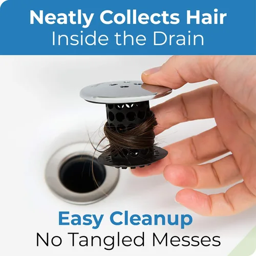 Miniatura 3 de TubShroom Paquete Combinado de Atrapapelos para Desagüe de Bañera con Tapón de Silicona, Cromo Negro – Protector para Desagües de Baño, se adapta a