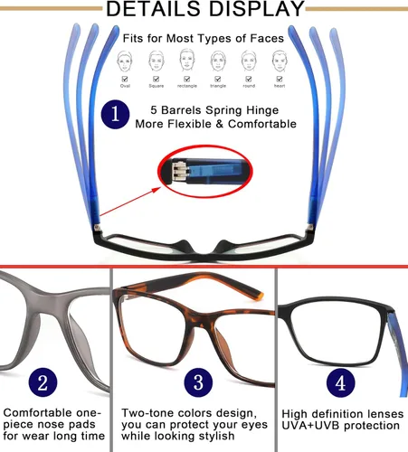 Miniatura 5 de Gafas de lectura con bloqueo de luz azul para hombres, paquete de 4 elegantes lectores de computadora con bisagras de resorte, filtro Paquete de 4