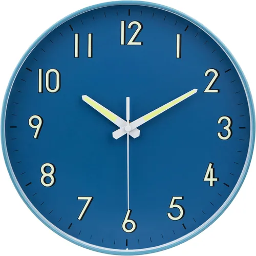 Reloj de pared silencioso azul medianoche, con números y manecillas que brillan en la oscuridad, decoración moderna y llamativa del hogar para