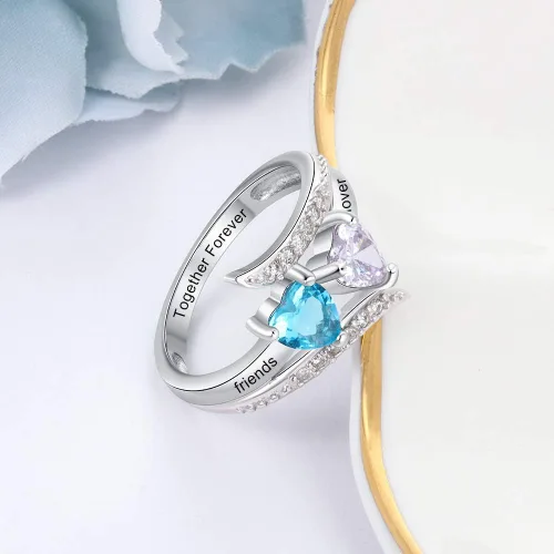 Miniatura 5 de Anillos de promesa de plata fina 925 Zomodia para ella, anillos personalizados para madres con 2 piedras de nacimiento de imitación, joyería