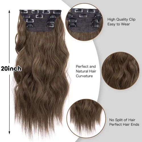 Miniatura 4 de 4 extensiones de cabello sintético con clip, extensiones de cabello rizado de 20 pulgadas de largo con clip (color: marrón medio)