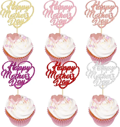 Miniatura 25 de Gyufise 1 pieza de decoración de pastel para el Día de la Madre con purpurina de corazón Love You Mom Cake Pick Rose Flower Best Mom Cupcake Decor