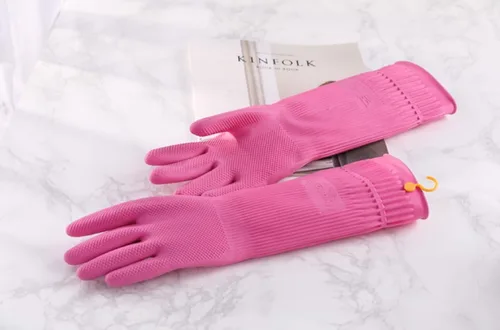 Miniatura 8 de Myungjin Guantes de goma antideslizantes reutilizables e impermeables para el hogar con gancho para colgar y secar (1 par/pequeño)