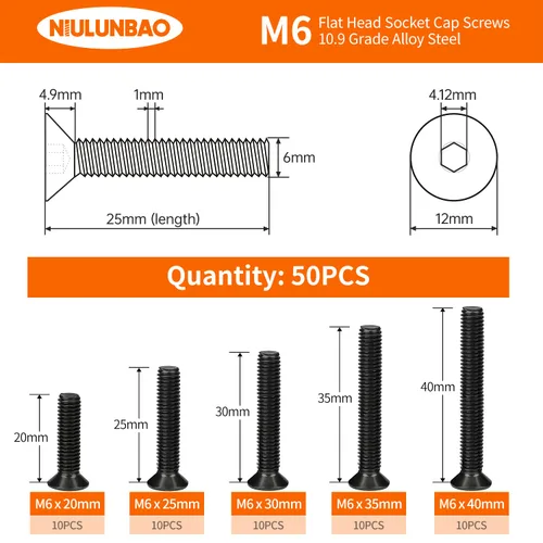 Miniatura 2 de Tornillos avellanados de cabeza plana M6 x 0.787 in, 0.984 in, 1.181 in, 1.378 in, 1.575 in, tornillos avellanados, acero de aleación de grado 10.9
