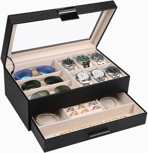 LANDICI Caja de reloj para hombres y mujeres, 2 capas de piel sintética, organizador de relojes, caja de almacenamiento grande, organizador para