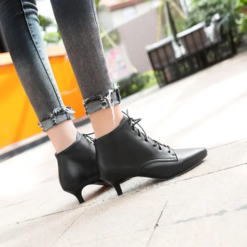 Miniatura 5 de SEIFIN Botines con cordones para mujer, tacón bajo y medio, con cremallera lateral, botines cortos con puntera puntiaguda